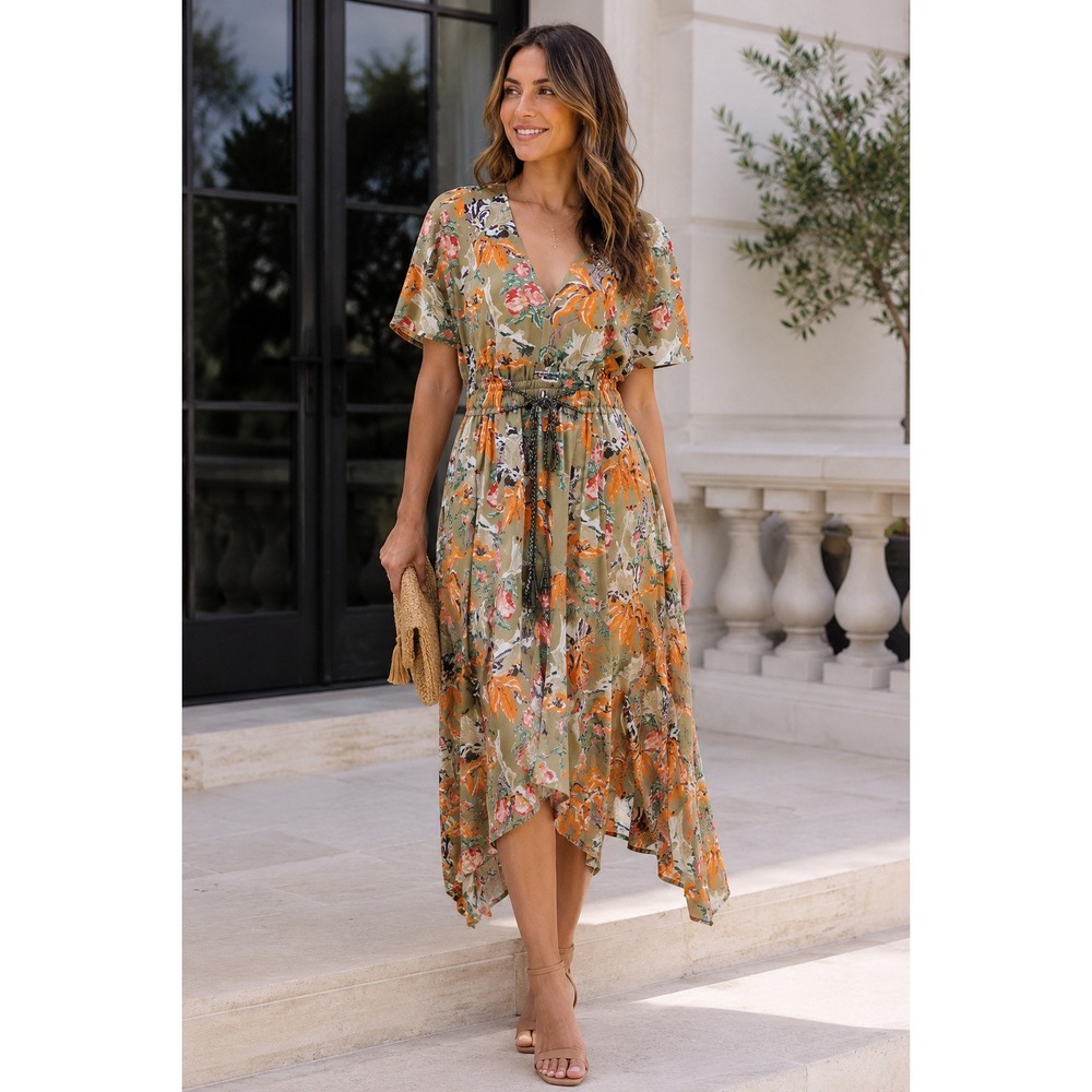 Peter Pilotto Floral Midi Dress‎ Sz 8 Cotton Gathered Waist Wedding Guest Garden